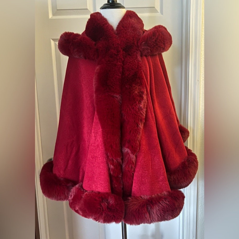 Luxurious Red Faux Fur Trim Hooded Cape - SUPER Soft trim! Very warm